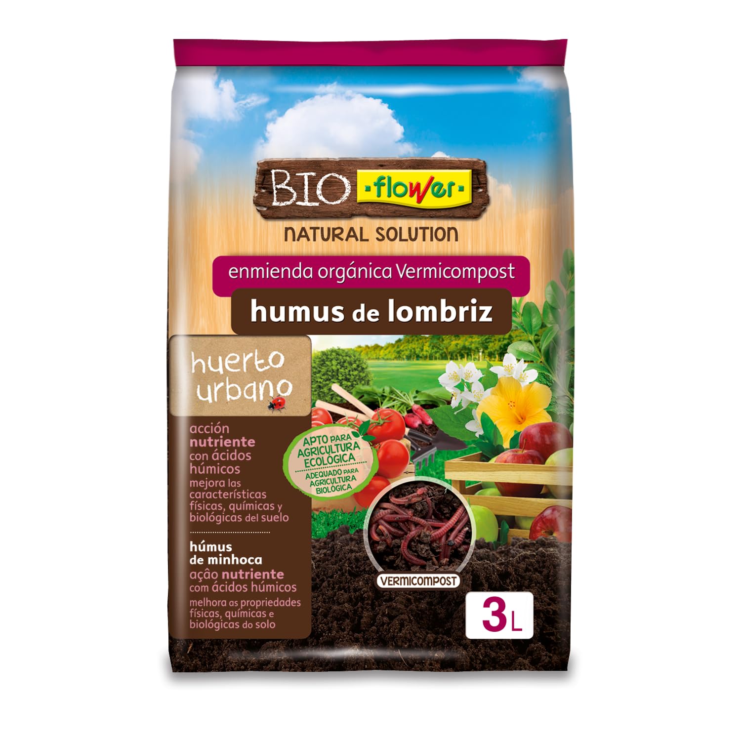 Flower - Humus de Lombriz 3 L | 100% Vermicompost | con Ácidos Húmicos y Fúlvicos | Aporta Nutrientes | Mejora Suelo y Sustratos | Triple Aplicación