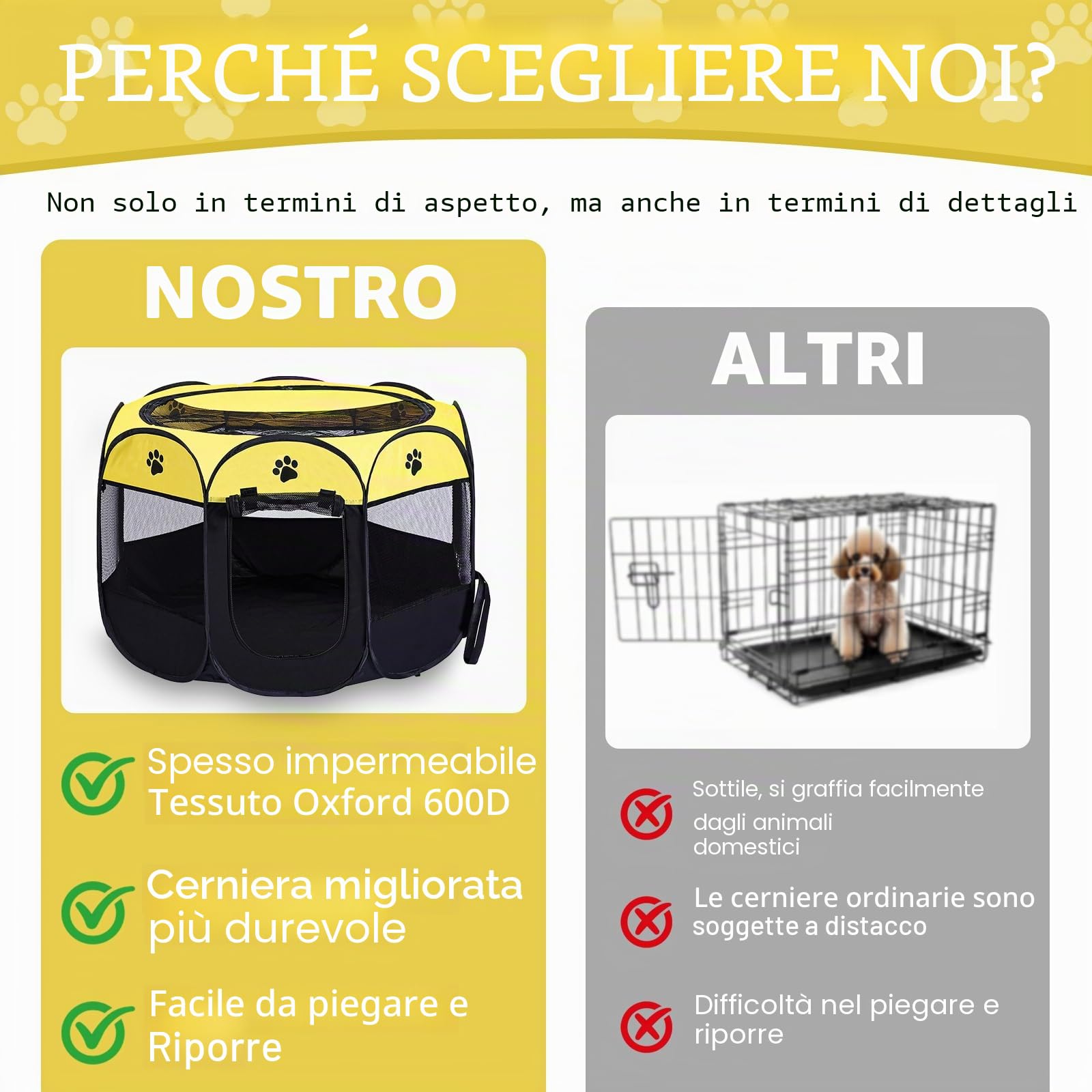 Recinzione per cuccioli, pieghevole, 74 x 74 x 43 cm, portatile, per piccoli animali, per interni ed esterni, per cani, gatti, coniglietti (giallo)