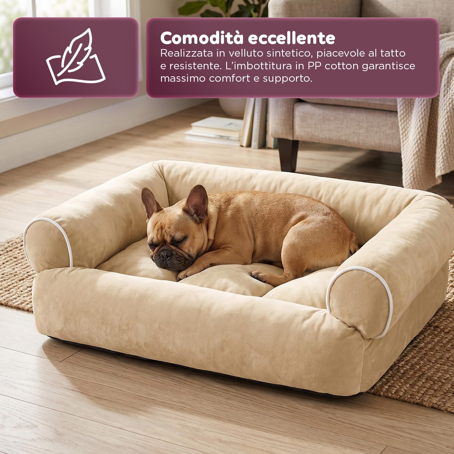 Wintem - Divano XXL Beige per Cani Morbido con Bordi Rialzati, Cuccia Interno Antistress per Cani e Gatti, Supporto Testa e Collo, Utilizzo Quotidiano, Design Elegante e Lavabile
