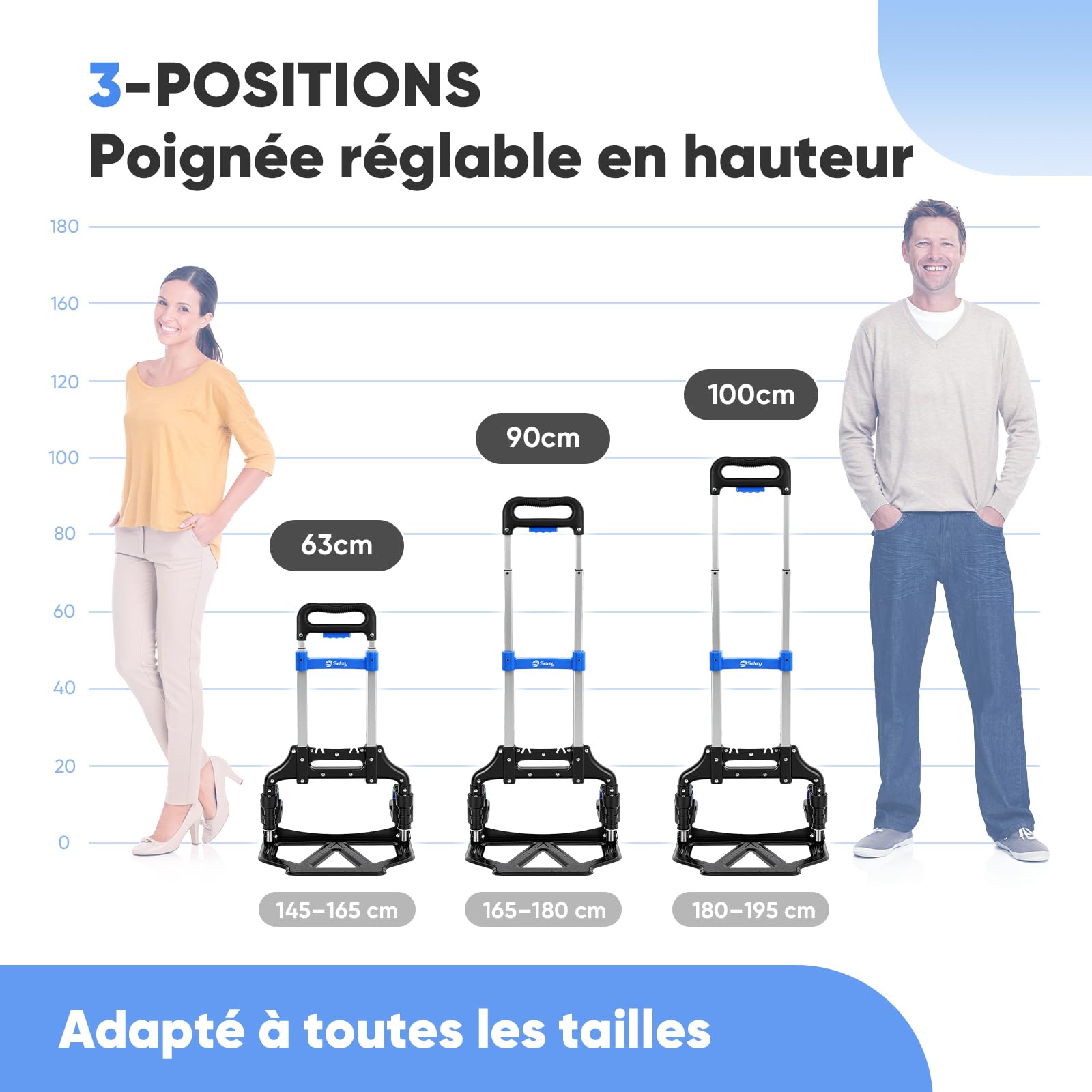 Sekey Diable Pliable et léger - Poids Net : Seulement 3,5 kg - Charge maximale : 80 kg - Hauteur réglable sur 3 Niveaux - Pliable en Quelques Secondes - Chariot Pliable en Aluminium avec Roues en TPR