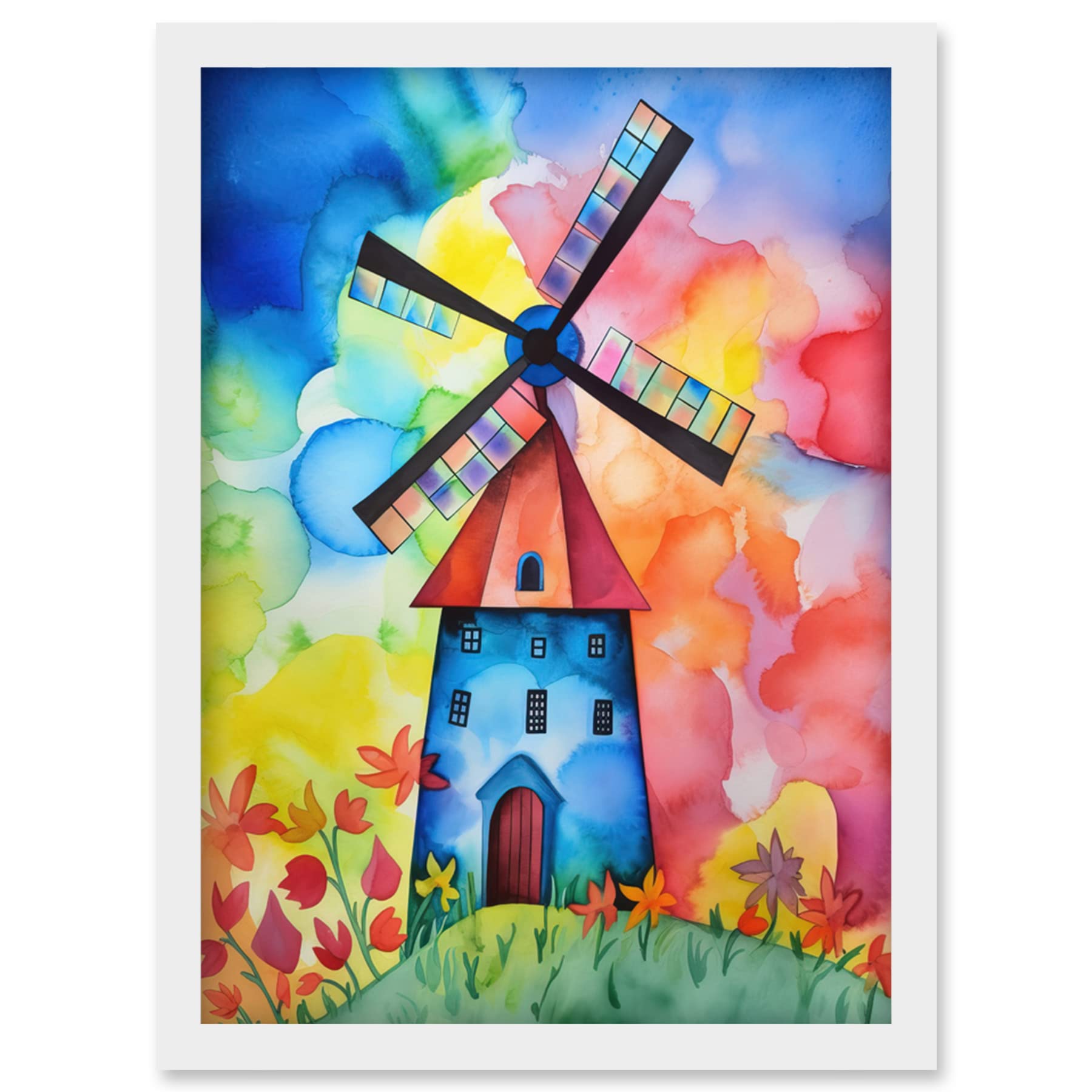 Artery8 Watercolour Windmill Netherlands Folk Art Artwork Framed Wall Art Print A4