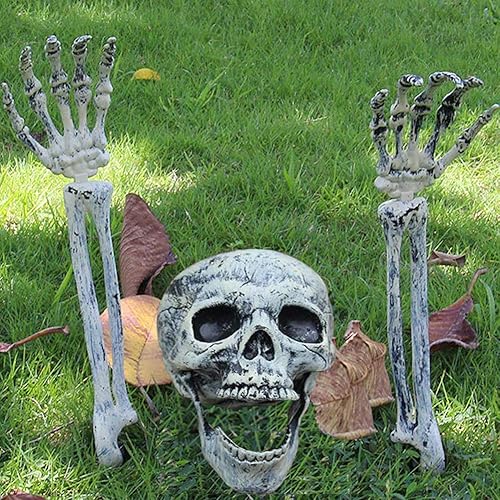UMEELR Decoraciones realistas de Halloween con estacas de esqueleto, 3 piezas, cabeza de cráneo, brazos con estacas, decoración de esqueleto negro