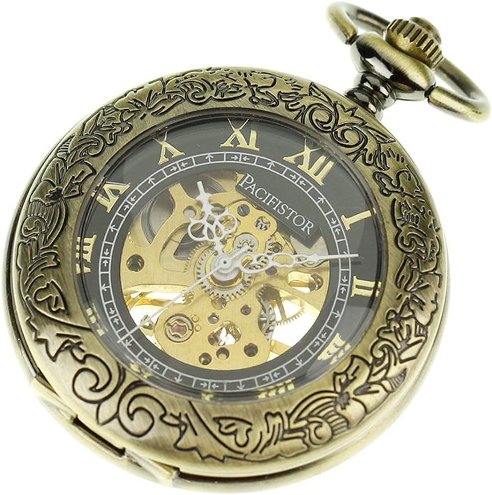 PACIFISTOR Gentleman's Hand Wind Up Skeleton Mechanical Brass Analog Pocket Watch with Fob Chain