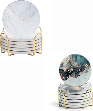 Marble Coasters with Holder - Coasters for Drinks Absorbent with Holder, Drink Coasters for Wooden Table, Table Coasters Set of 6, Coasters for Drinks Absorbent with Holder