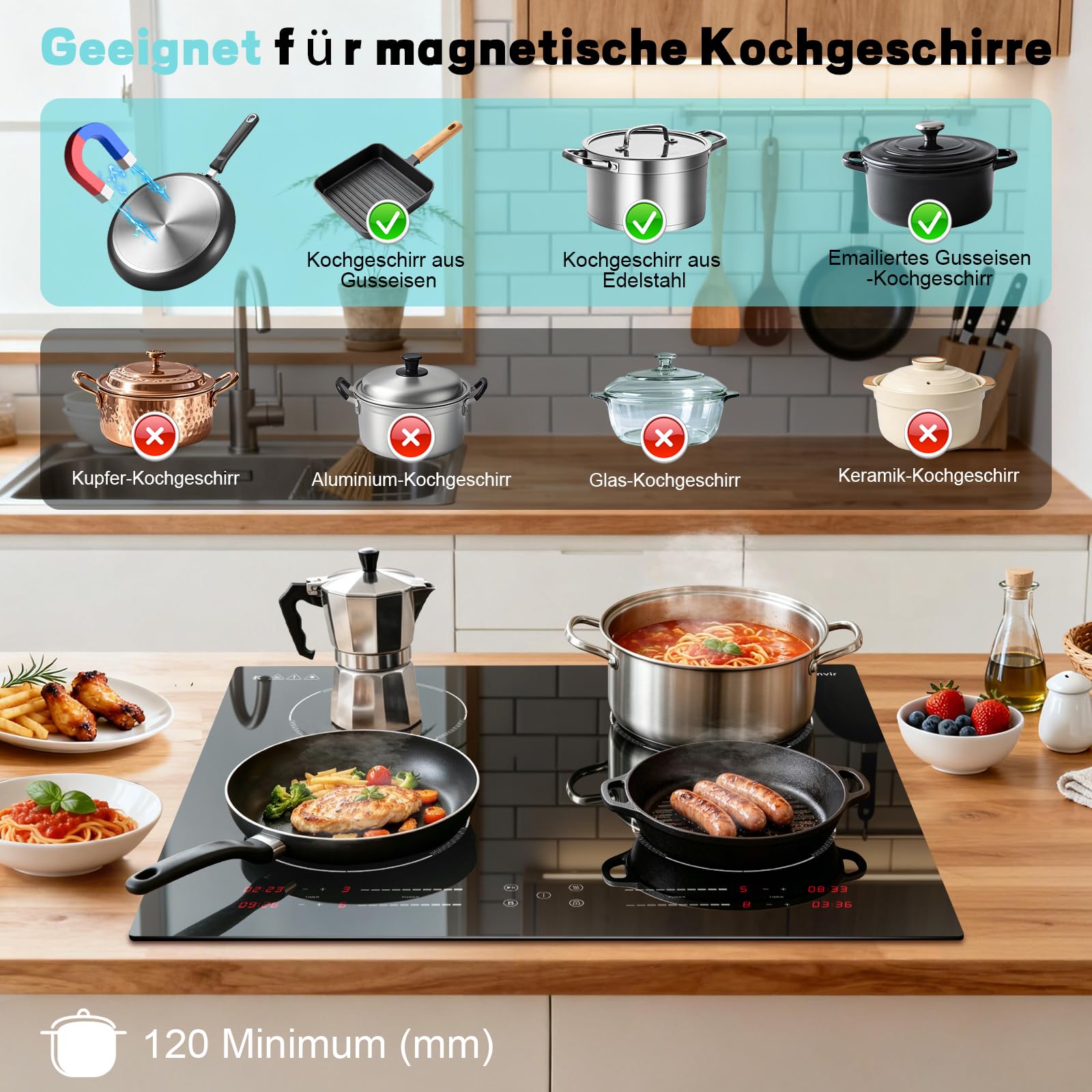 Induktionskochfeld 60cm Leistung Boost, Kochfeld Induktion 4 Platten, 7200W | 9 Leistungsstufen, Zonierte Touch-Bedienung, Timer 1-99 Min, Kindersicherung, Autarkes Einbau Induktionsherd