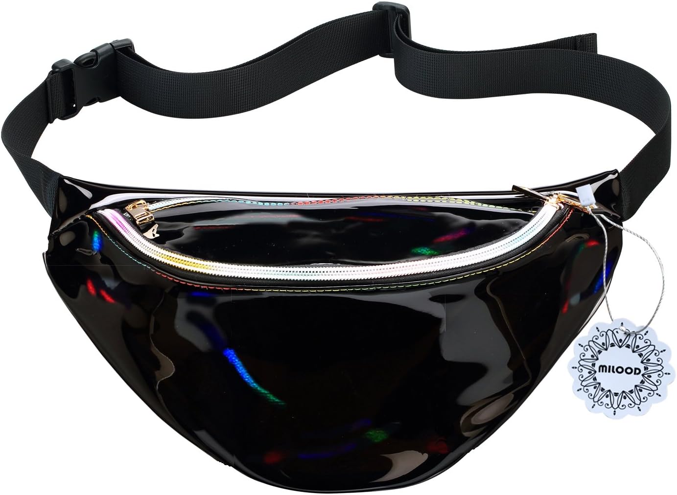 Neon Stylish Holographic Fanny Pack for Women Water Resistant Beach Waist Packs Hip Bum Bag, Black