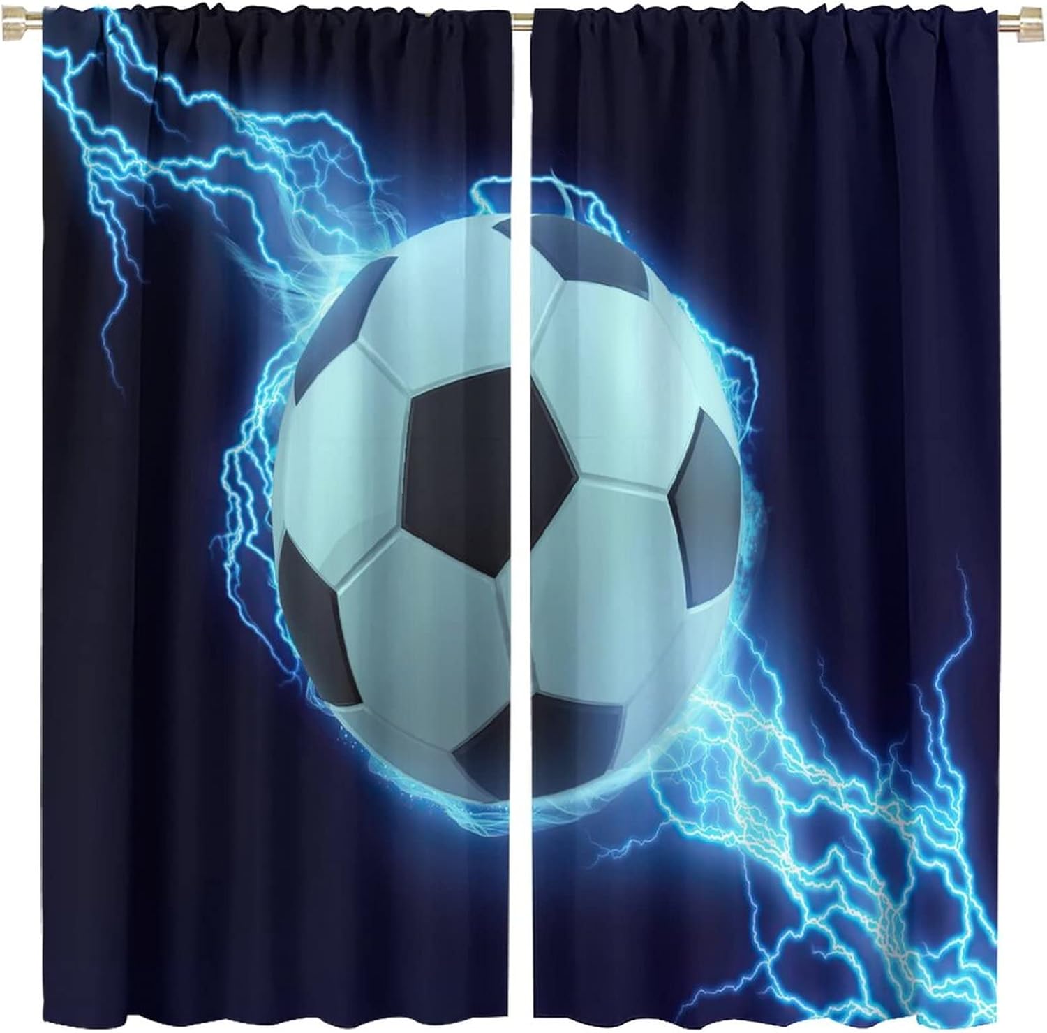 Sports Soccer Ball Blackout Window Curtains, Blue Lightning Soccer Sports Theme Rod Pocket Curtains, for Kids Boys Girls Teens Bedroom Living Room 21(W)*45(L) 2 Panels