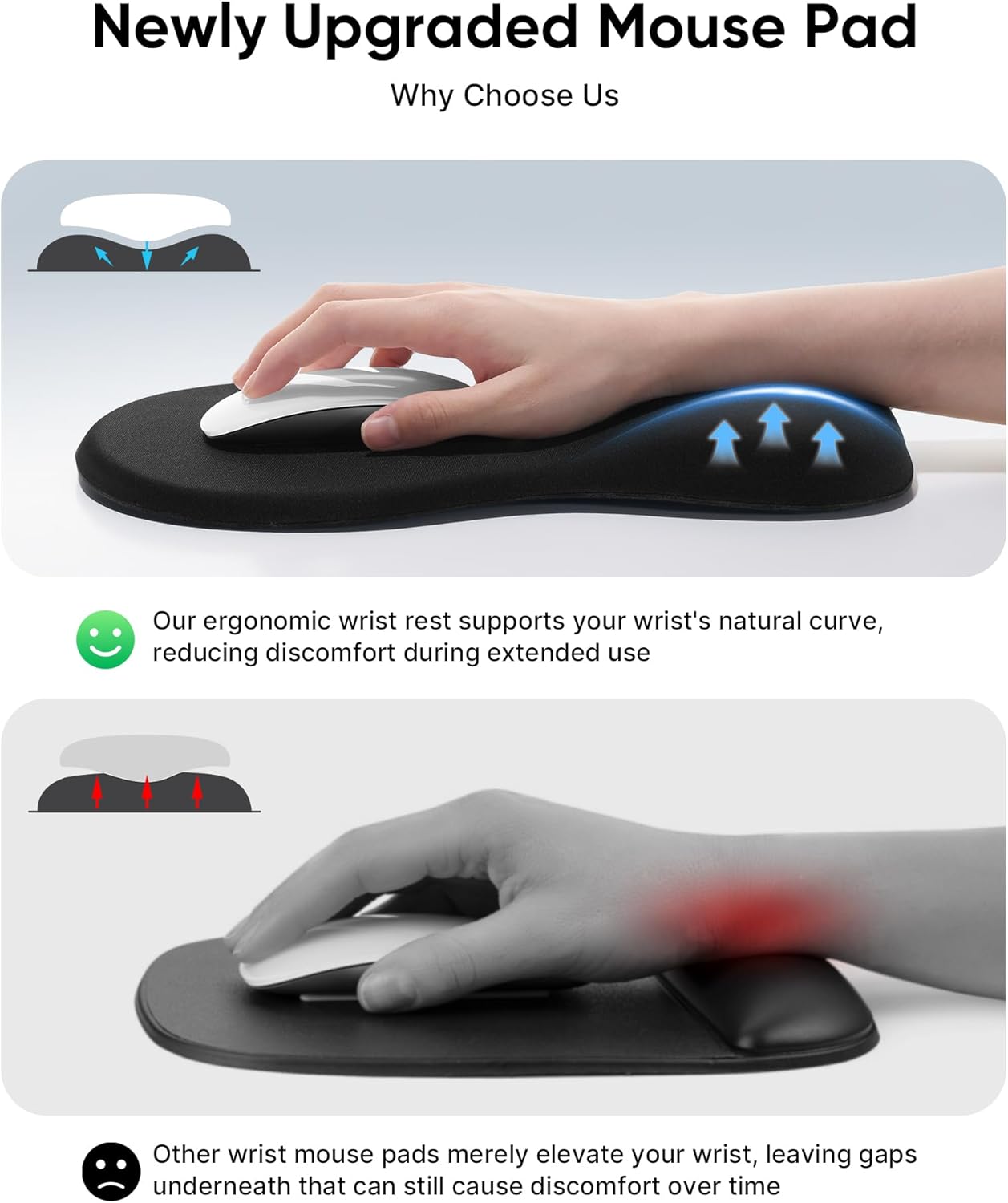 ergonomic mouse pad with wrist rest, black mousepad with wrist support for desk, non-slip hard base mouse pads, portable for office/home/travel work black 11.8l x 8w inches