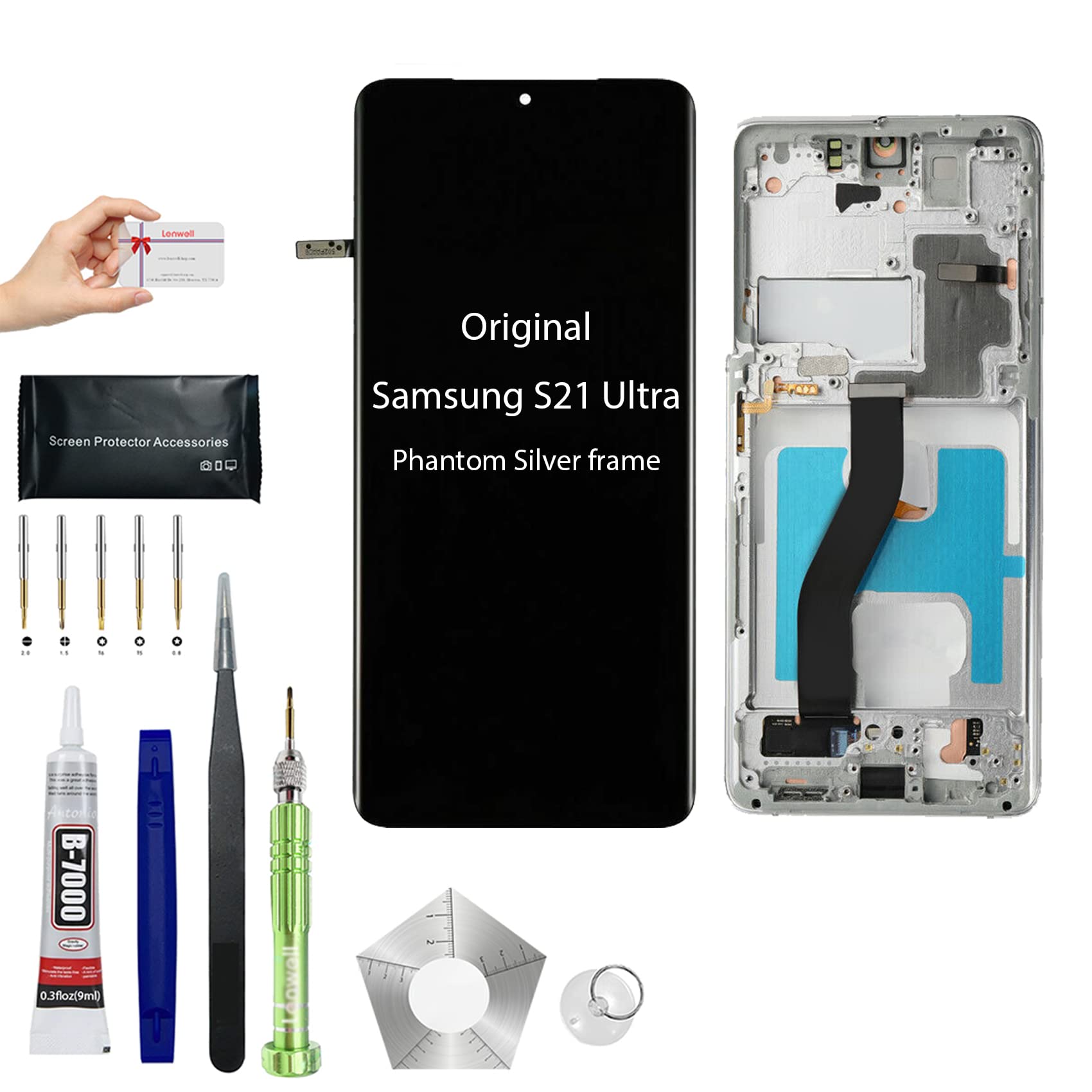 Samsung Galaxy S21 Ultra 6.8インチ 純正OEMディスプレイ デジタイザー LCDスクリーン 交換用タッチアセンブリ 5G SM-G998 G998A G998F G998P G998R4 TUVW プレミアム修理ツールキット (フレーム付きシルバー)