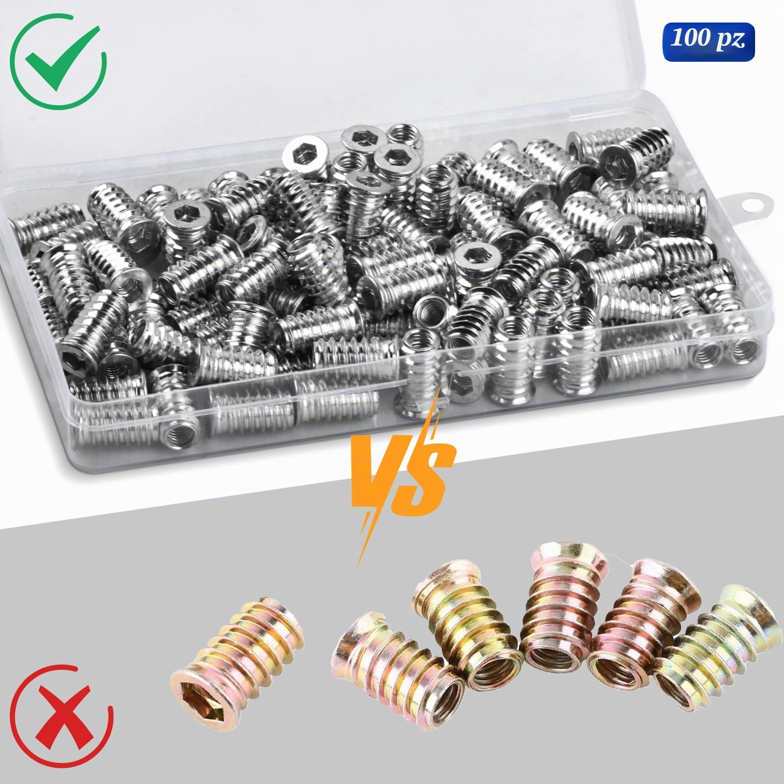 100 dadi di avvitamento M6 x 20 mm, inserto filettato in legno, inserti filettati in acciaio zincato, manicotto filettato a esagono incassato per mobili in legno