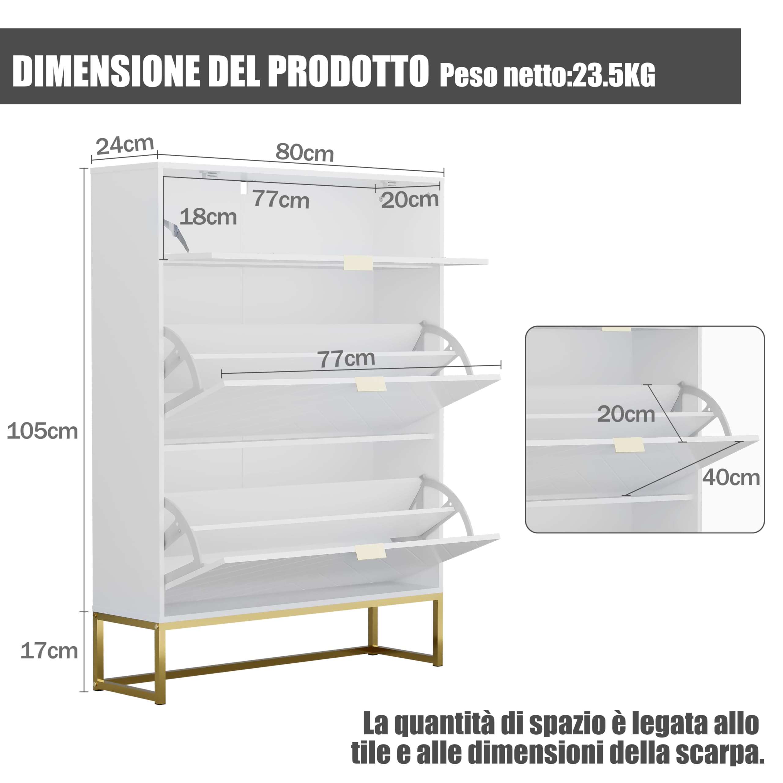 UEV Scarpiera con 2 ante e 1 cassetto, scarpiera sottile, con motivo a V, per soggiorno, corridoio, 80 x 24 x 122 cm, bianco
