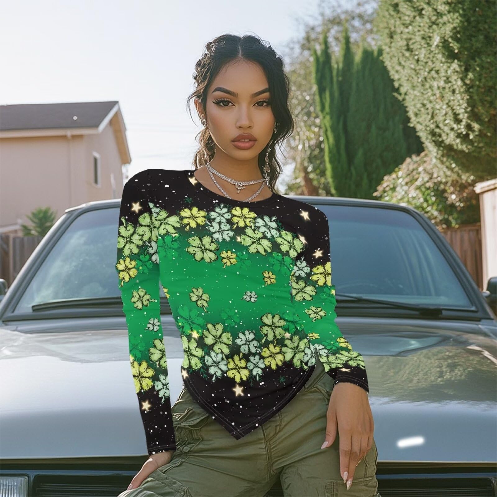 Gzzxiailg Lucky Leaf Girls Lightweight Workout Shirts Long Sleeve Bottoming Tops Casual Slim Fit Tee Tops Asymmetrical Tops Yoga Running Shirt for Spring Fall Autumn St. Patrick's Day Outfits