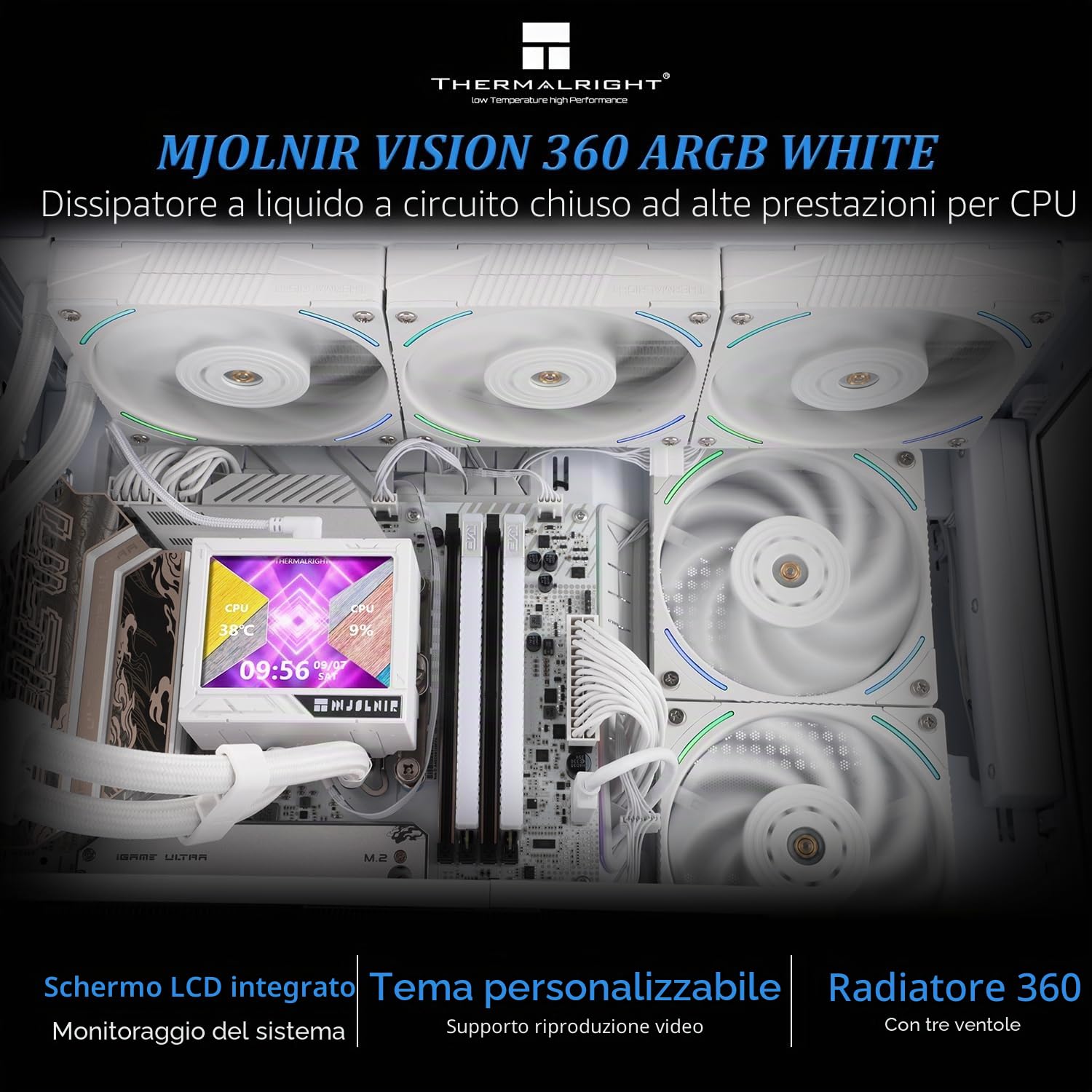 TR -Mjolnir Vision 360 ARGB Bianco CPU Water Cooler, 3 ventole PWM sistema di raffreddamento ad acqua con 2000PRM, per AM4/AM5 & Intel LGA1851/1700, schermo LCD staccabile magnetico con risoluzione