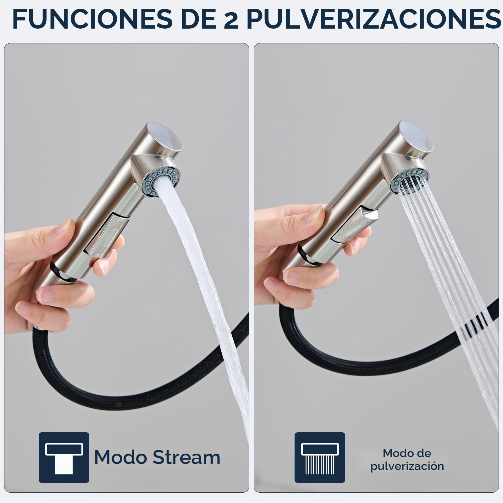 Grifo Cocina Extraible, Grifos Cocina Fregadero Mezclador Monomando con Ducha 2 Modos de Ajuste, Grifo Extensible Acero Inoxidable Cepillado de Giratorio a 360°, Agua Fría y Caliente
