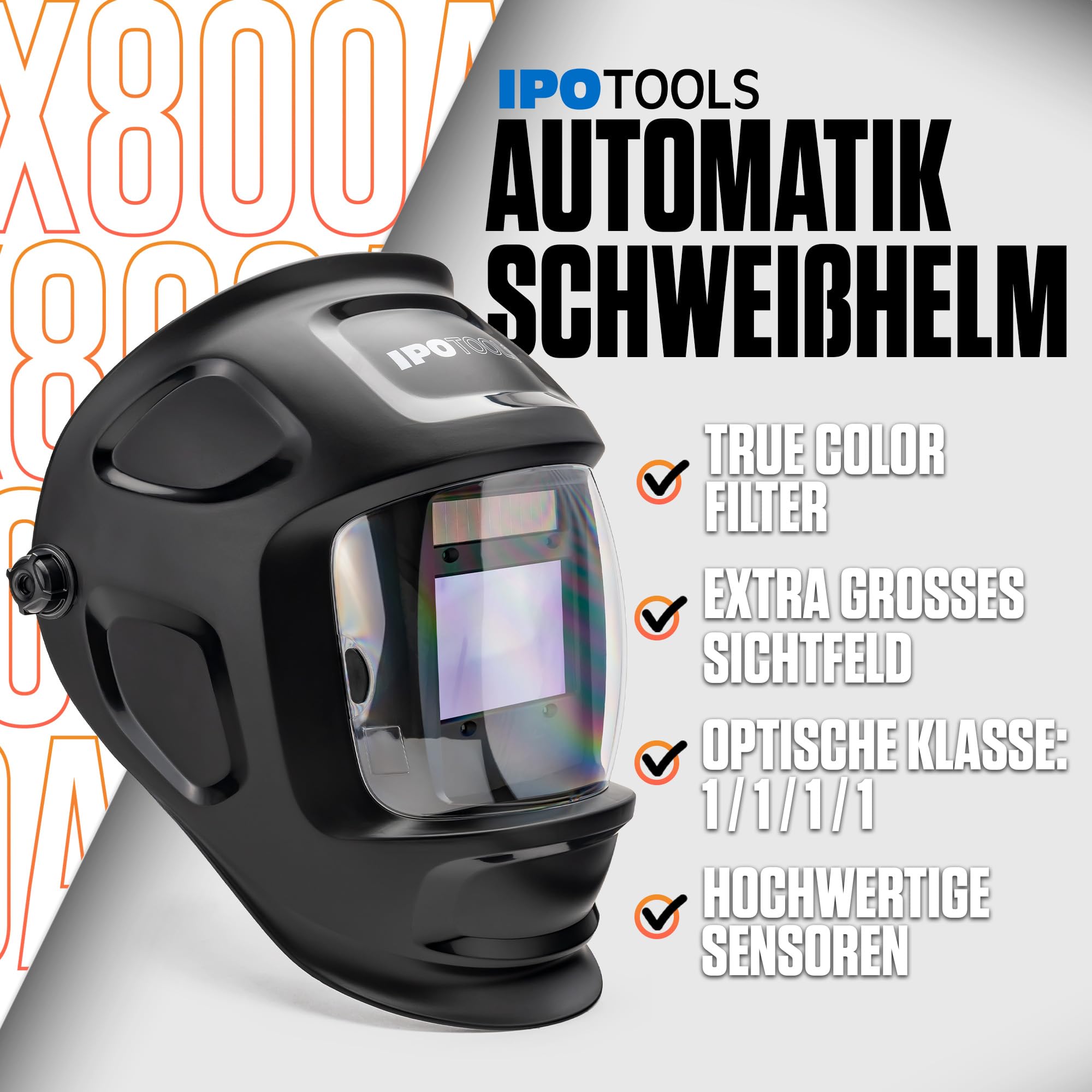 IPOTOOLS X800A Masque Soudure Automatique - Casque Soudure Automatique avec Classe Optique : 1/1/1/1 / 4 capteurs de Haute qualité/Obscurcissement Automatique/Entièrement réglable