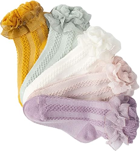 Miniatura 5 de 5 pares de calcetines de algodón con volantes de encaje para niñas y niños pequeños