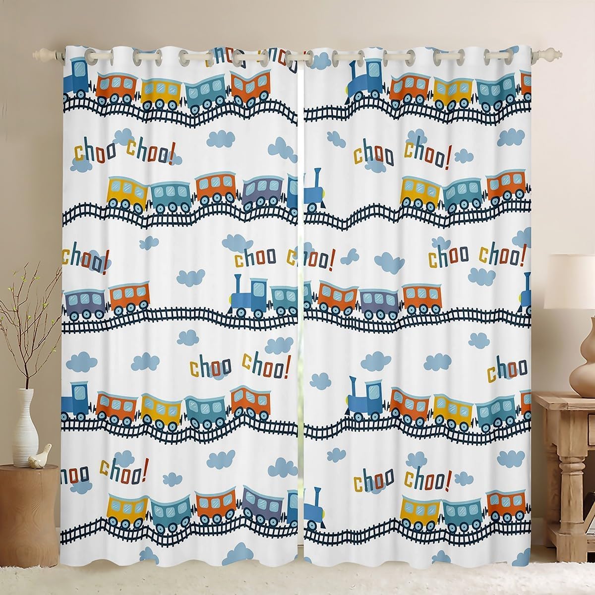 feelingyou Colorful Train Curtains for Windows,Cartoon Car Blue Train Tracks Cloud Curtains for Living Room Bedroom,Transportation Vehicles 100% Blackout Drapes 2 Panel Sets,66x90L โ image 1
