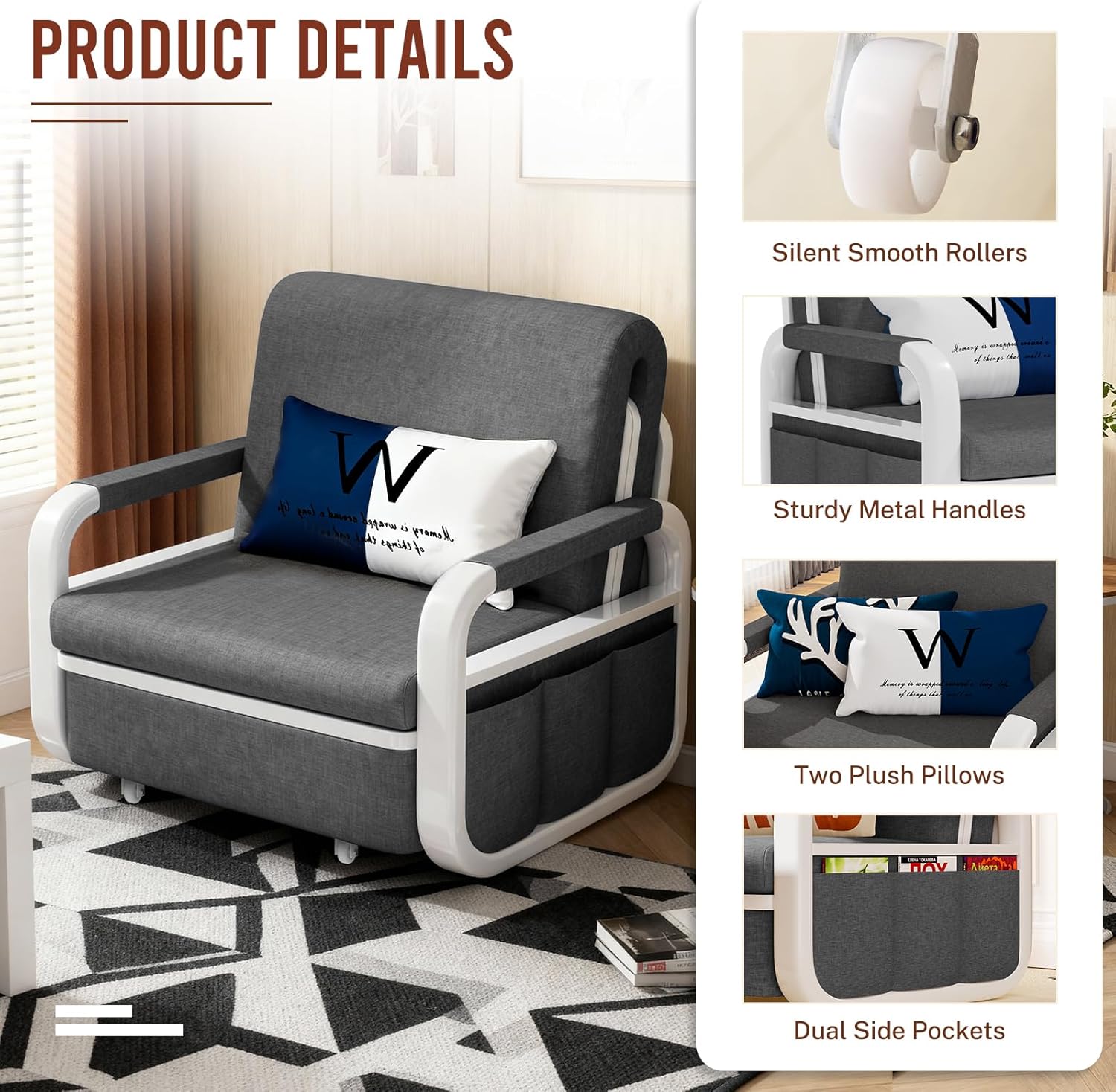 42.5" Pull Out Sofa Bed, 3 in 1 Convertible Sleeper Sofa, Single Loveseat Couch Bed with Storage, Trundle and 2 Pillows for Living Room, Bedroom, Dorm, Office, RV (Charcoal Gray)