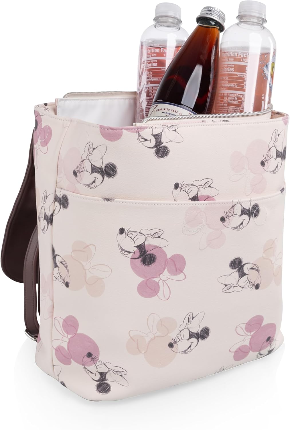 Picnic TIME Disney Minnie Mouse Downtown Mini Cooler Backpack- Insulated Lunch Bag - Stylish Beach Bag Soft Cooler, (Beige with Vintage Pink Sketch)