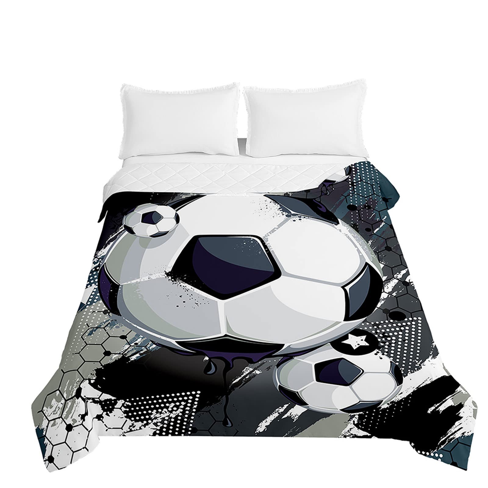 Odot 3D Fútbol Patrón Colcha Bouti Invierno Cama 90/150 Acolchada Colchas Cubre Cama Individual o Matrimonio Multiusos Ligera y Suave Colcha Cama (180x220cm,Arte Negro)