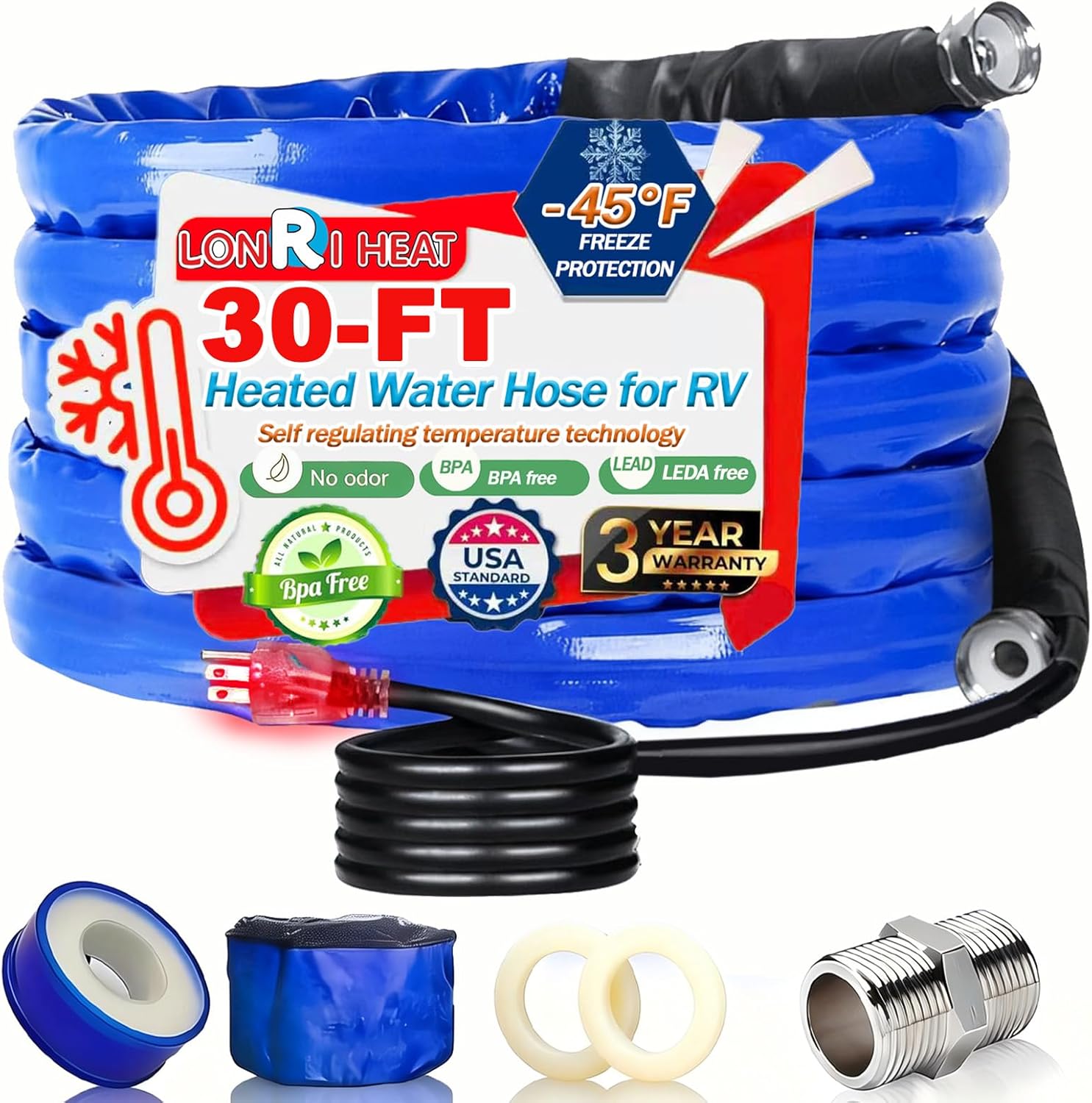 30FT Heated RV Water Hose -45℉ Antifreeze, BPA-Free Drinking Water Safe for RV/Camper/Garden, Electrically Heated Winter Hose