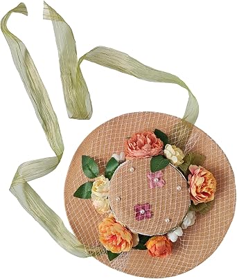 Victorian Tea Party Sun Hat for Women, Lolita Florals Straw Hat with Bow Ribbons Wide Brim Bonnet Cap