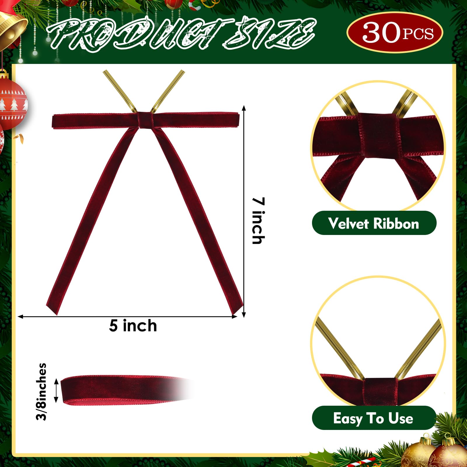 30 Pcs Christmas Velvet Wreath Bows, 5 x 7 Inch Vintage Velvet Ribbon Rustic Crafts Gift Bows for Indoor Outdoor Wreaths Garland Holiday Xmas Tree Wrapping Crafts (Burgundy Red, Width of 3/8
