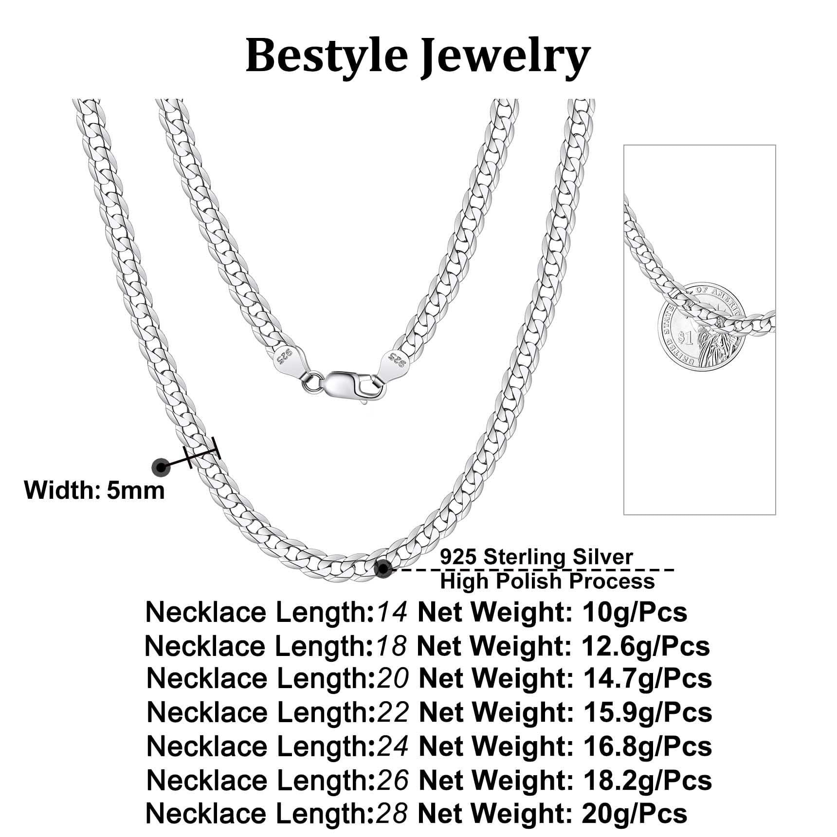Bestyle Collar Cadena Plata de Ley 925 Cadena Cubana/Figaro 35cm-71cm Collar de Cadena para Hombre Mujer