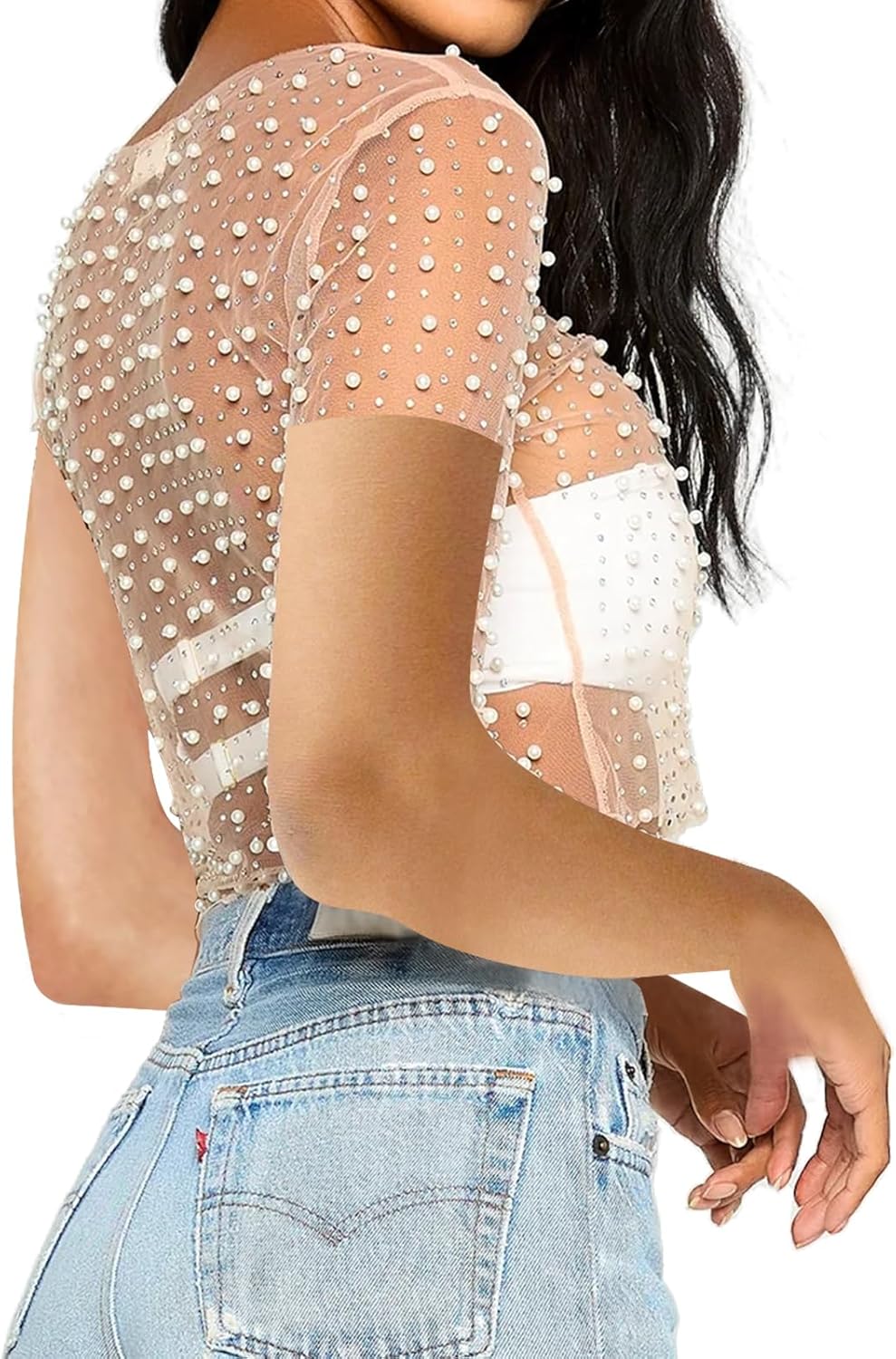 Women Pearl Rhinestone Sheer Mesh Crop Tee Top Sexy See Through Short Sleeve Slim Fit Crop T-Shirt Club Summer - Image 4