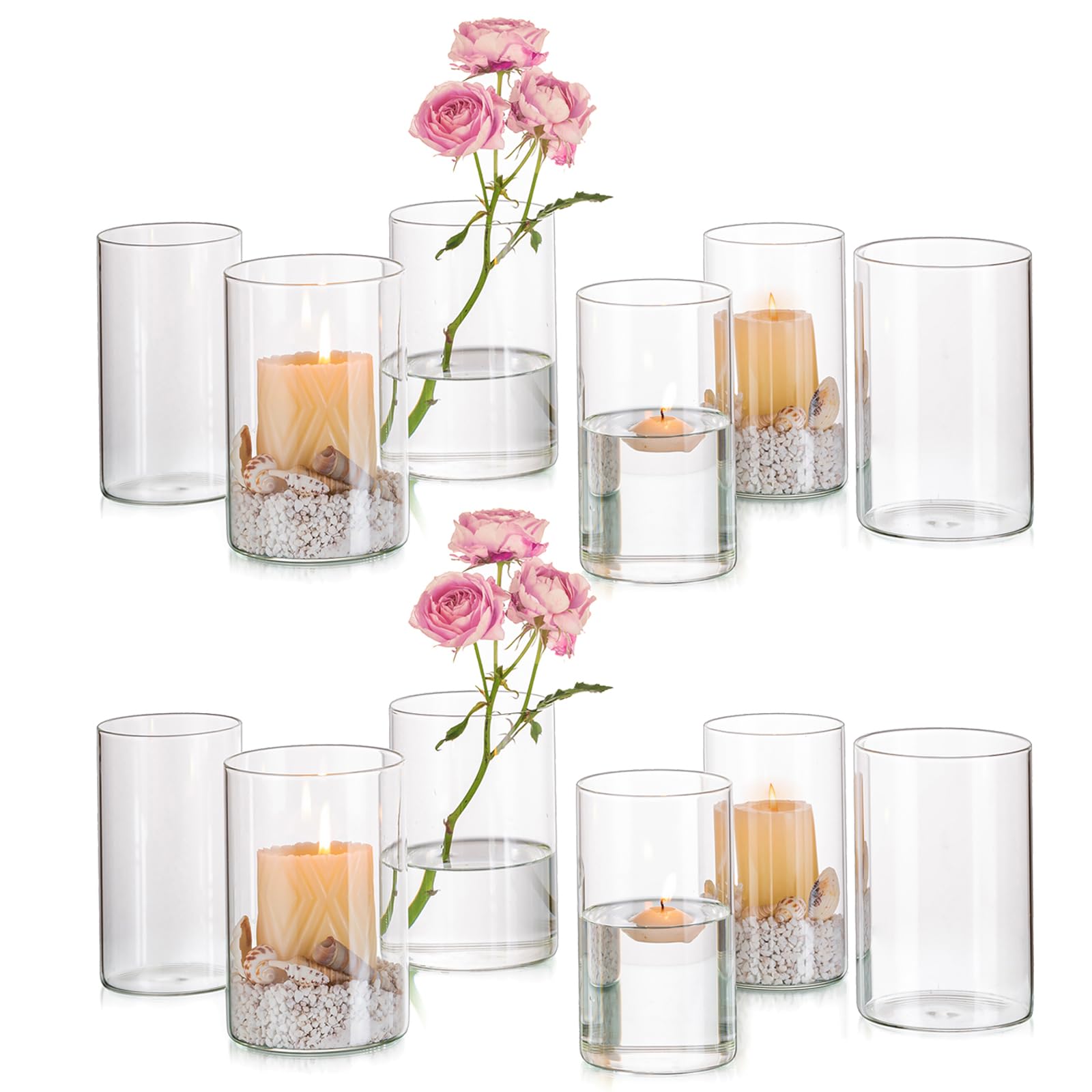 Hewory Portavelas de Vidrio Hurricane: 12 Piezas Portavelas de Vidrio para Velas Flotantes, Jarrón Cilíndrico de Vidrio para Centros de Mesa, Portavelas de Pilar Transparente para Sala, 15 Cm de Alto