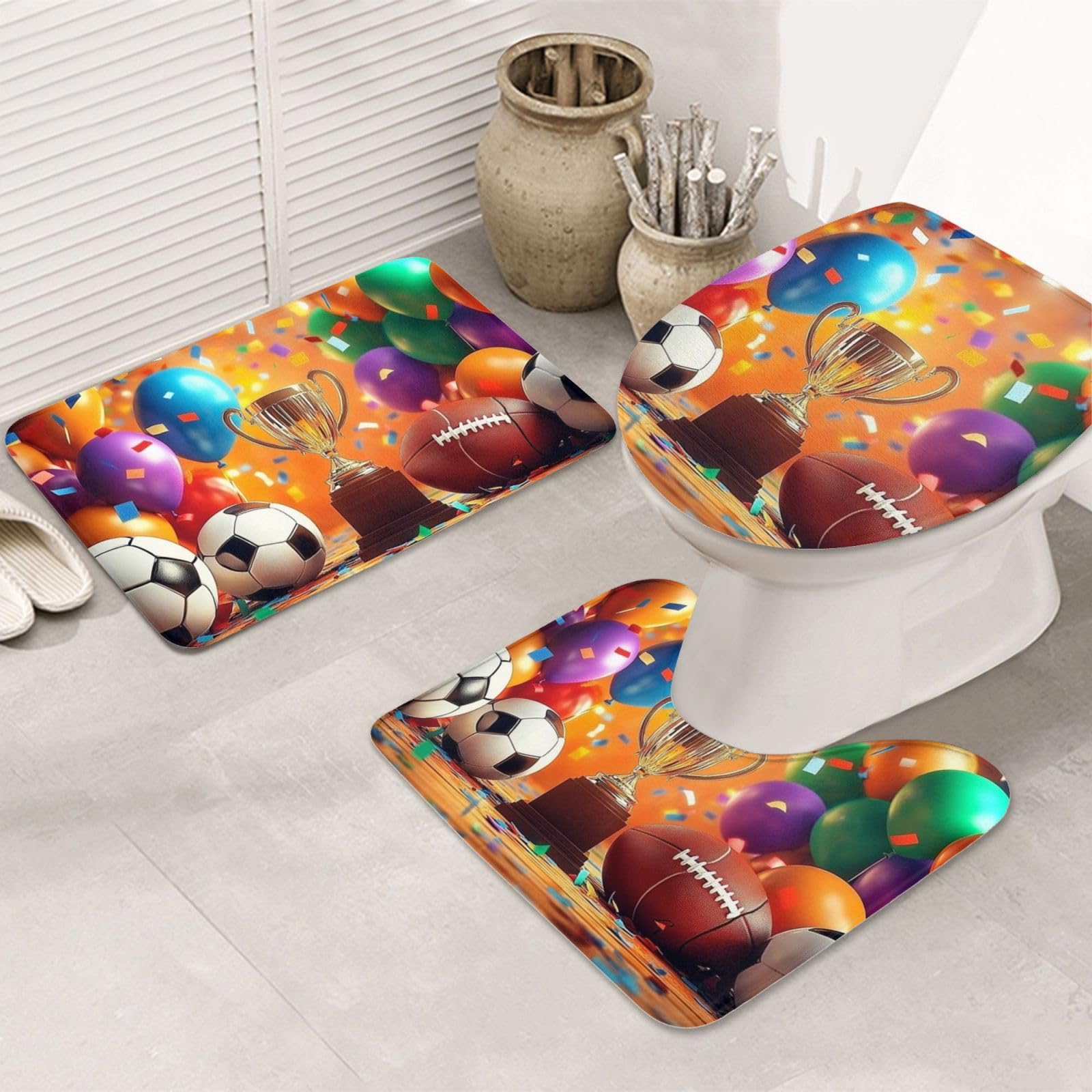 Juego de alfombras de baño de 3 piezas con diseño de baloncesto y fútbol lavable
