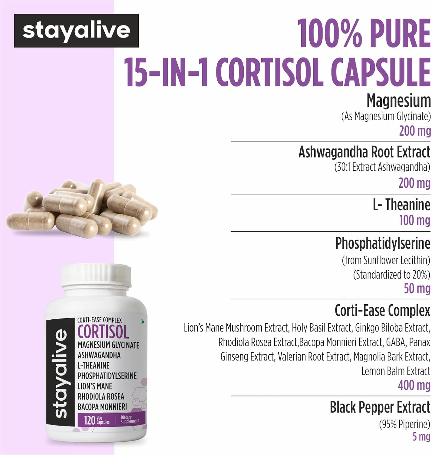 STAY ALIVE Cortisol Manager Supplement 15-in-1 Complex w/L-Theanine, Ashwagandha, Magnesium Glycinate, Phosphatidylserine and More, 120 Veg Capsules, Non-GMO & Gluten-Free Formula for Women and Men - Image 4