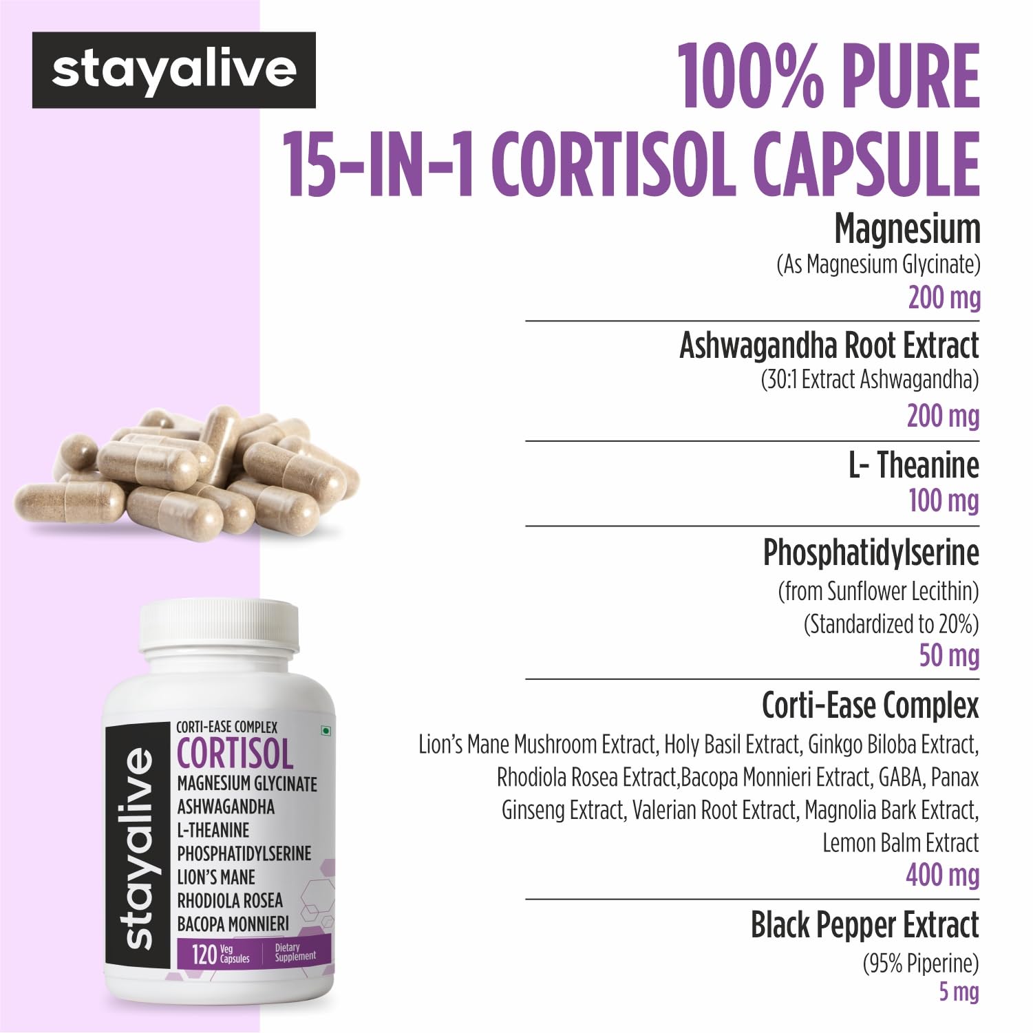 STAY ALIVE Cortisol Manager Supplement 15-in-1 Complex w/L-Theanine, Ashwagandha, Magnesium Glycinate, Phosphatidylserine and more, 120 Veg Capsules, Non-GMO & Gluten-Free Formula for Women and Men 2