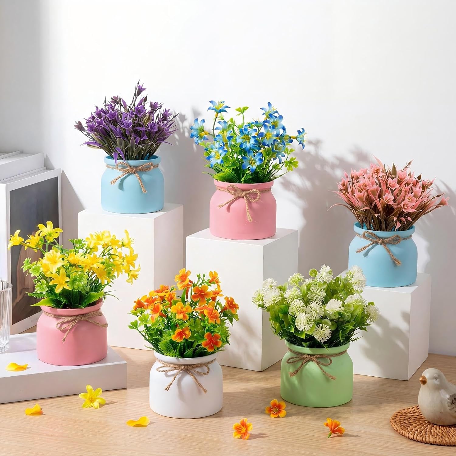 Zeyune Large Spring Artificial Flowers Potted Centerpieces Desktop Fake Floral Plants in Macaron Pot Greenery for Office Table Home Indoor Bathroom Office Wedding Bridal Decor (6 Pcs,Elegant)
