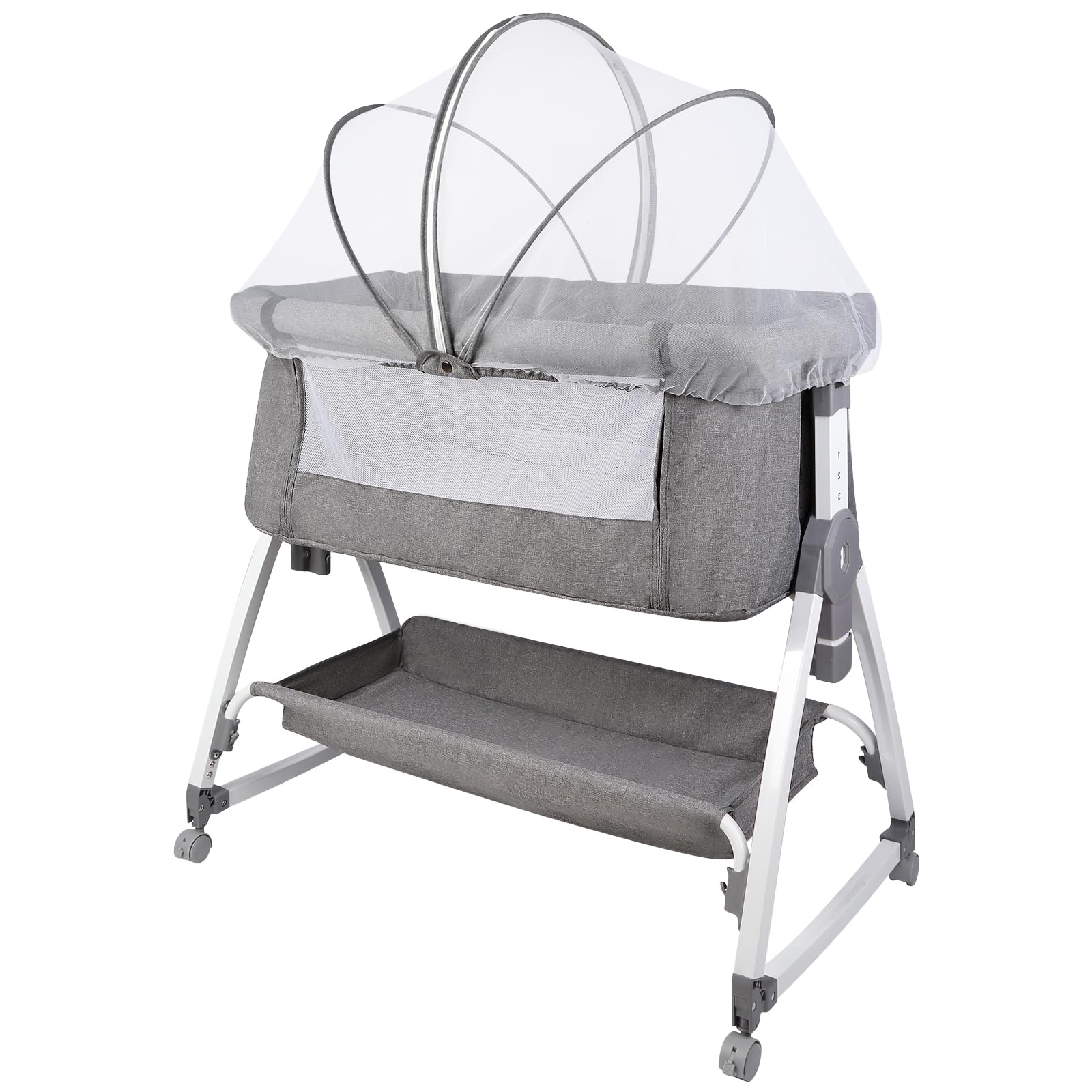 HUOLE Cuna 3 en 1 hasta 30 kg, Cuna de colecho, Cuna Mecedora, Ajuste de Altura e inclinación del colchón, 4 Ruedas con Freno, Colchón Ergonómico, Bolsa-80 * 40 * 100-115cm-lino