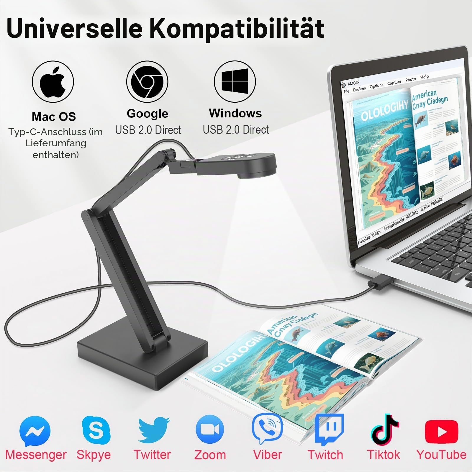 12MP Dokumentenkamera Schule, 4K Visualizer für Klassenzimmer - A3-Format, LED Licht, MIC, Drehen, Spiegeln, Mac OS, Windows - Chromebook für Fernunterricht, Webkonferenzen & Live-Demos