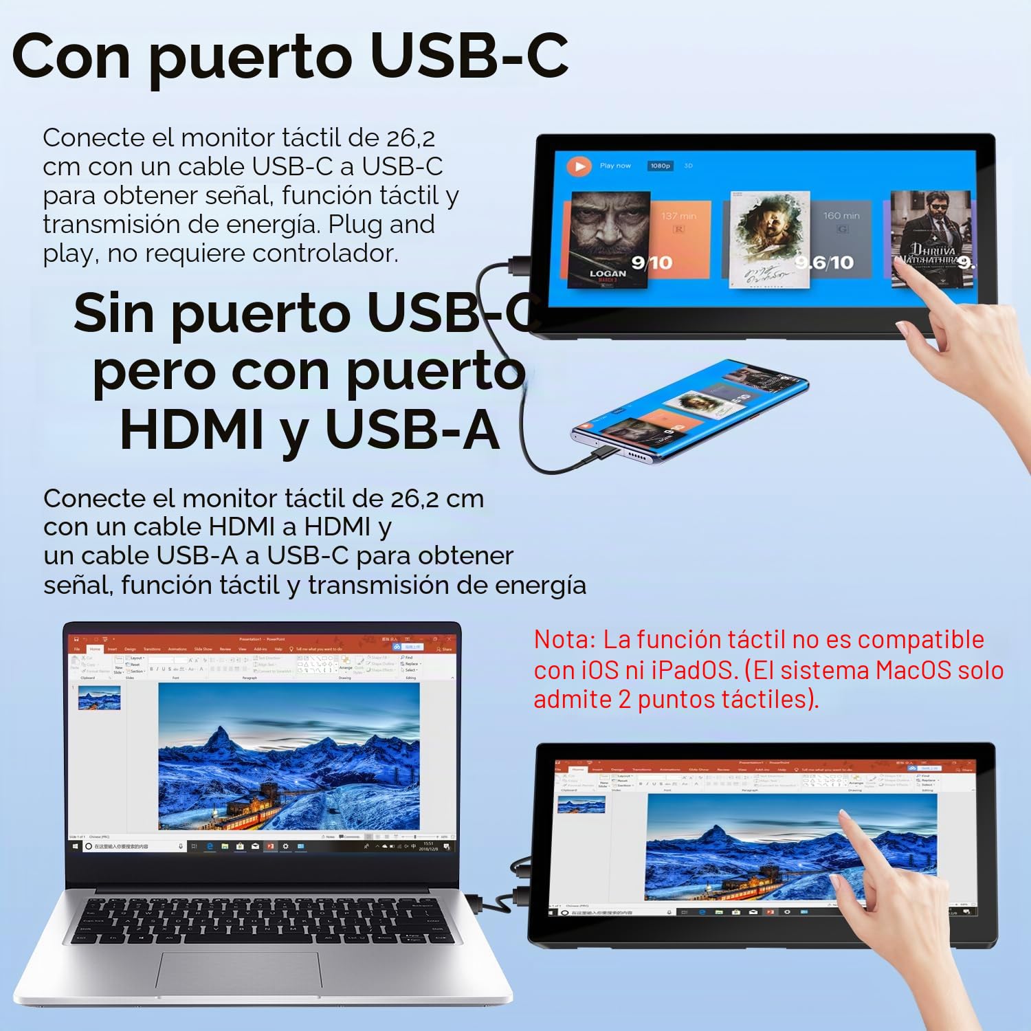 10,3 Pulgadas Monitor Secundario Táctil, Pantalla Portátil LCD IPS | LCD IPS Display Alargada 1920 × 720, HDMI y USB-C para Ordenador, para Monitorización de GPU, CPU y RAM