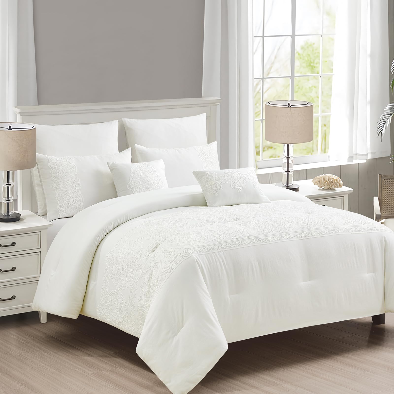 Sunshine Nicole Crewel Embroidery Comforter Set, Washed Microfiber Fabrics, Crewel Emboidery with Paisley Design, with Ultra Soft Down Alternative Fill, 7 Pieces Off White, King