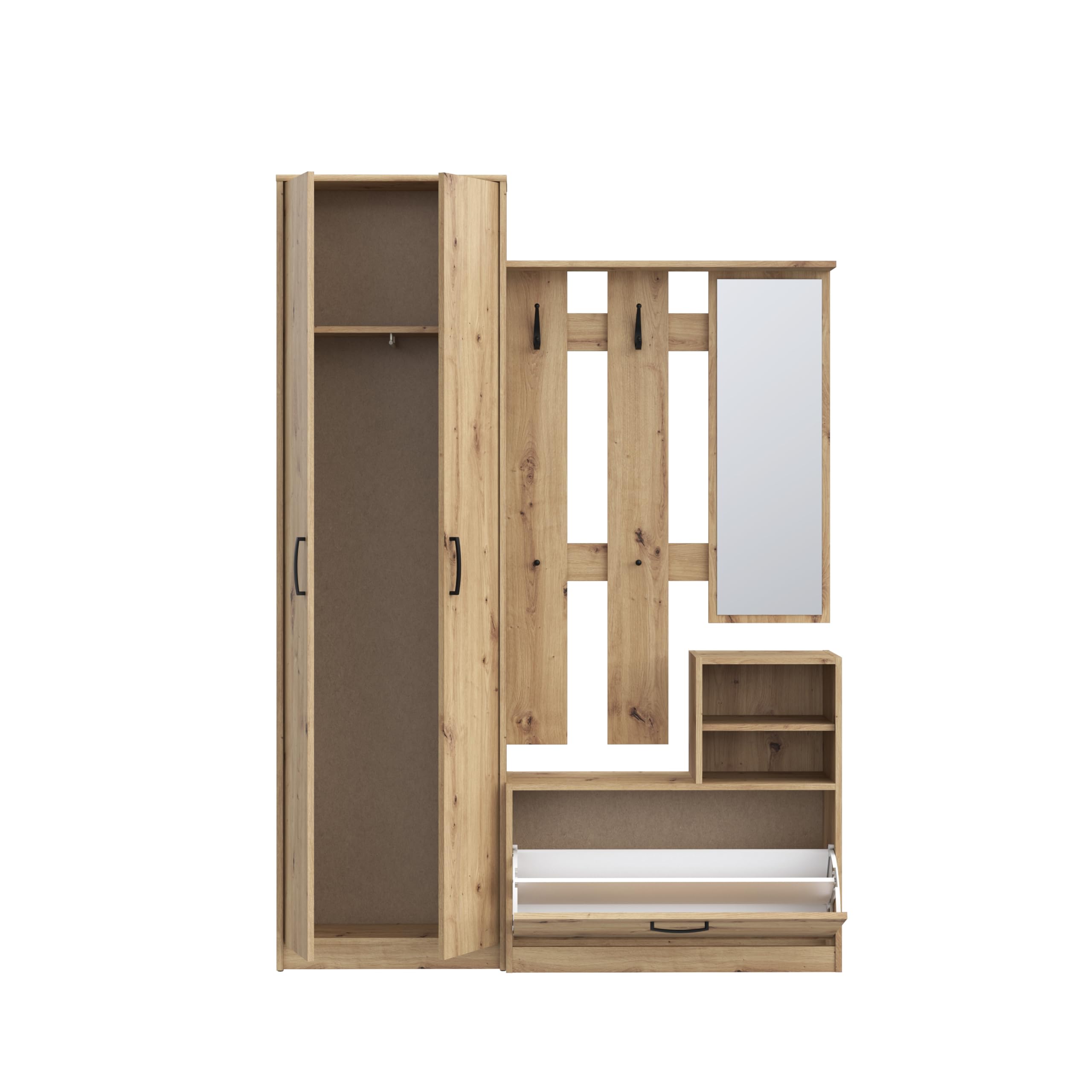 Forte NIKO Garderobenschrank 130 140, Skandi-Mehrzweckschrank, 2-türig, 1 Schublade, Spiegel, Haken, Flur, Artisan Eiche Holzdekor, 135 cm breit x 190,8 cm hoch x 28 cm tief