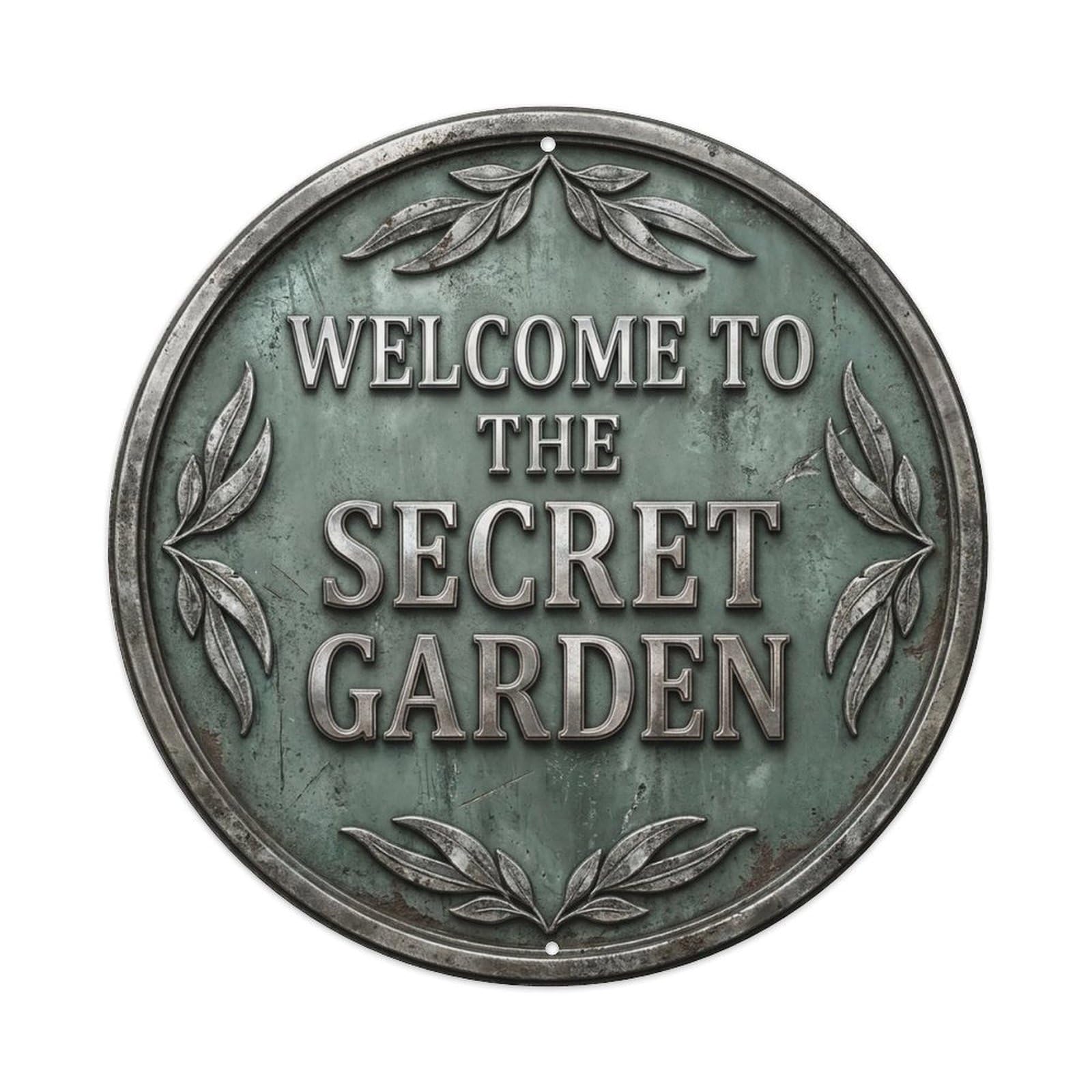 Vintage Welcome Secret Garden Silver Eucalyptus Worn Metal Tin Sign