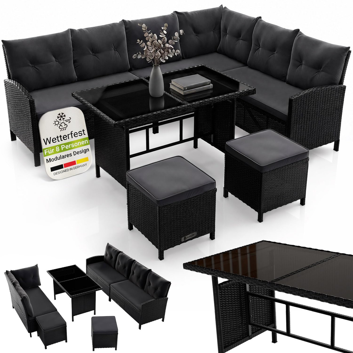 Juskys Polyrattan Lounge Manacor mit Ecksofa, Esstisch, 2 Hocker & Kissen - wetterfest bis 7 Personen - Bezüge waschbar - Rattan Garten Sitzgruppe Gartenlounge Gartenmöbel Set - Schwarz/Grau