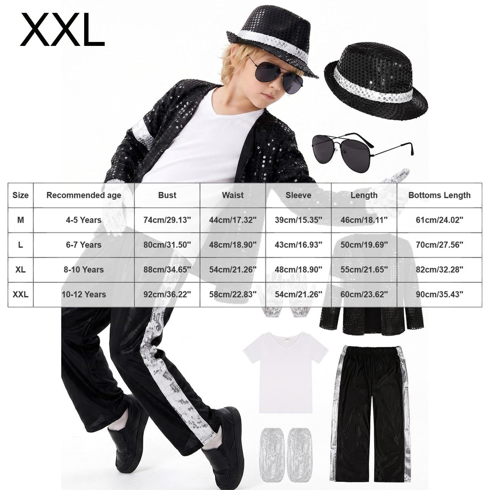 Generico Michael Costume Jackson Vestito Bambino, Pop Star, Set 6 Pezzi Con Giacca Nera Con Paillettes, Pantaloni, Cappello, Guanto – Spettacoli Halloween Christmas