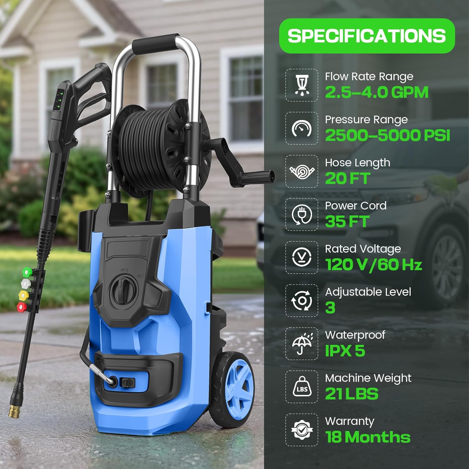 2026 New Pressure Washer 5000 PSI with 3 Levels Adjustable Pressure Gun, Portable Pull-Handle, 4 Nozzles and Foam Cannon, Heavy Duty Power Washer for Home/Car/Fence/Garden, Blue