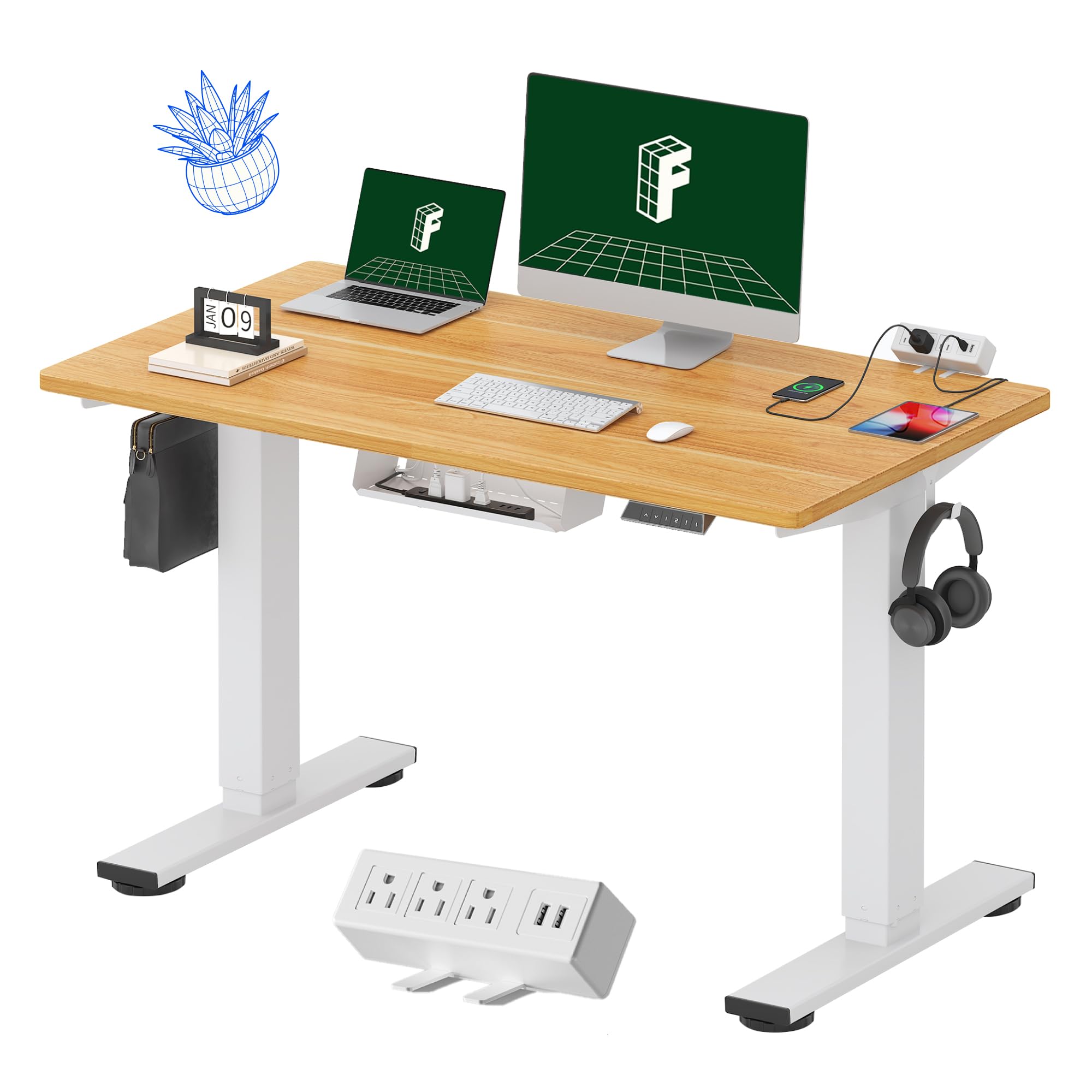 FLEXISPOT EN1 Adjustable Height Electric Standing Desk, 48 x 24 Inches Stand Up Home Office Desk with Natural Desktop Tabletop Primo(White Frame/Maple Top,w/Memory Button) - 1