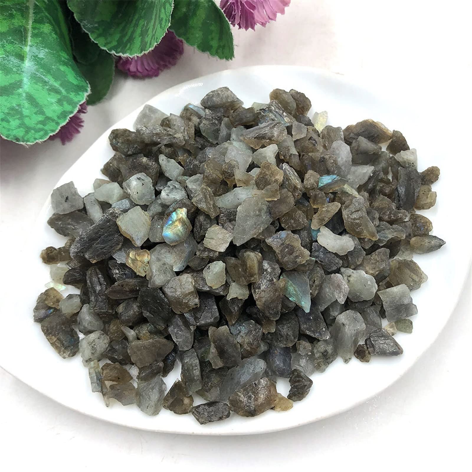 Paquete de 50g de Chips de labradorita llamativos y crudos, Grava, Piedra Natural, Cristales de Acuario for jardín, decoración for la habitación del hogar, Regalo MZOGODWI