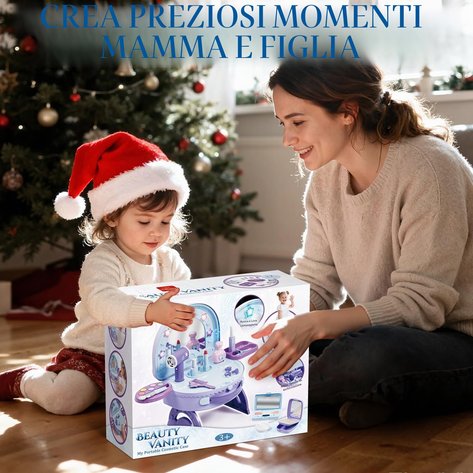 Lehoo Castello Trucchetto per Bambine 3 4 5 Anni, Tavolo Toeletta 2-in-1 Portatile con Set Trucco Finto, Trucchetto con Luci e Musica, Regalo di Compleanno per Bambine dai 3 Anni in su
