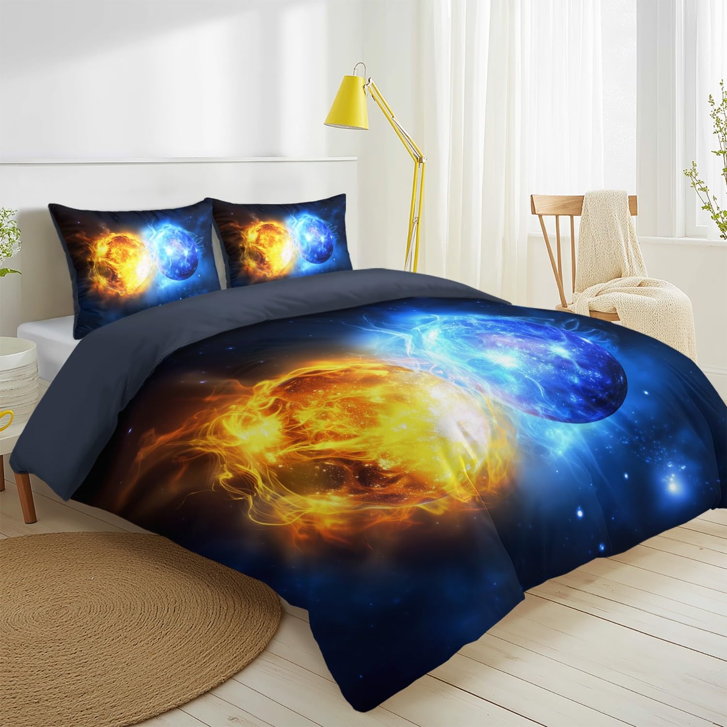 Generisch Sci-Fi 3-częściowy komplet pościeli z motywem kosmosu, 155 x 220 cm, miękka poszewka na poduszkę z mikrofibry, 80 x 80 cm, niebieska