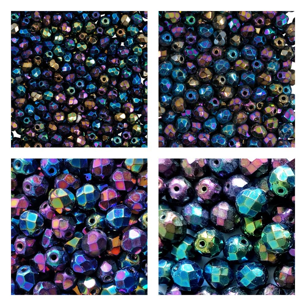 SCARA Beads Set, 275 pcs of Round Fire Polished Beads (3mm, 4mm, 6mm, 8mm), Jet Iris Rainbow, Czech Glass
