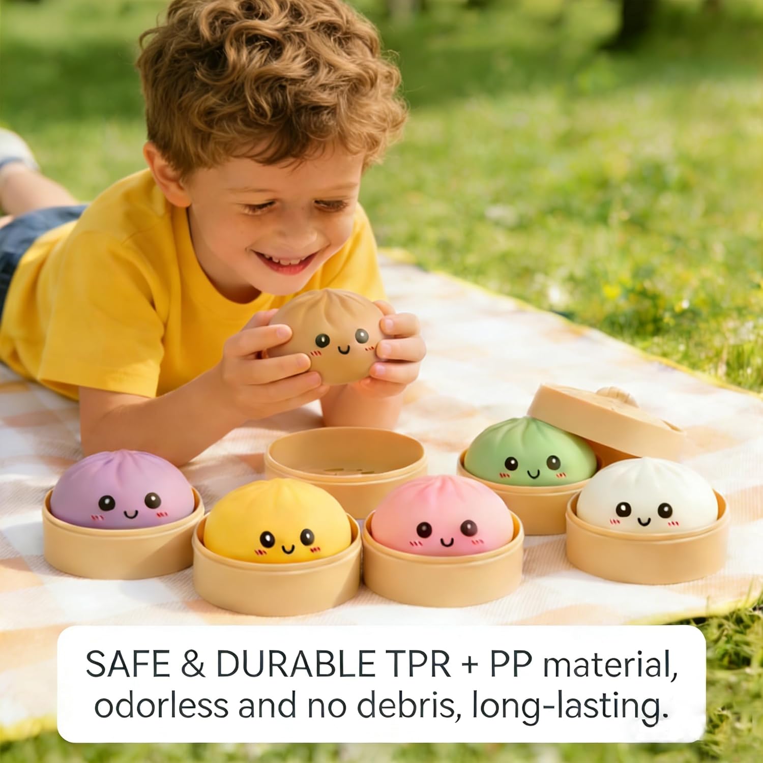4 PCS Dumpling Squishies with Box, Colorful Mystery Squishys Dumplings Stress Relief Balls Fidget Sensory Toy,Bao Bun with Food Steamer Stretchy Desk Squeeze Toys