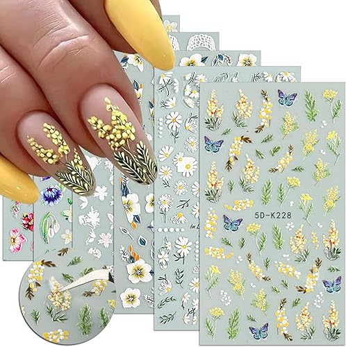 Pegatina de arte de uñas de flores, acrílico 5D, exquisitas calcomanías de uñas en relieve, flores de primavera y verano, peonía, margaritas,